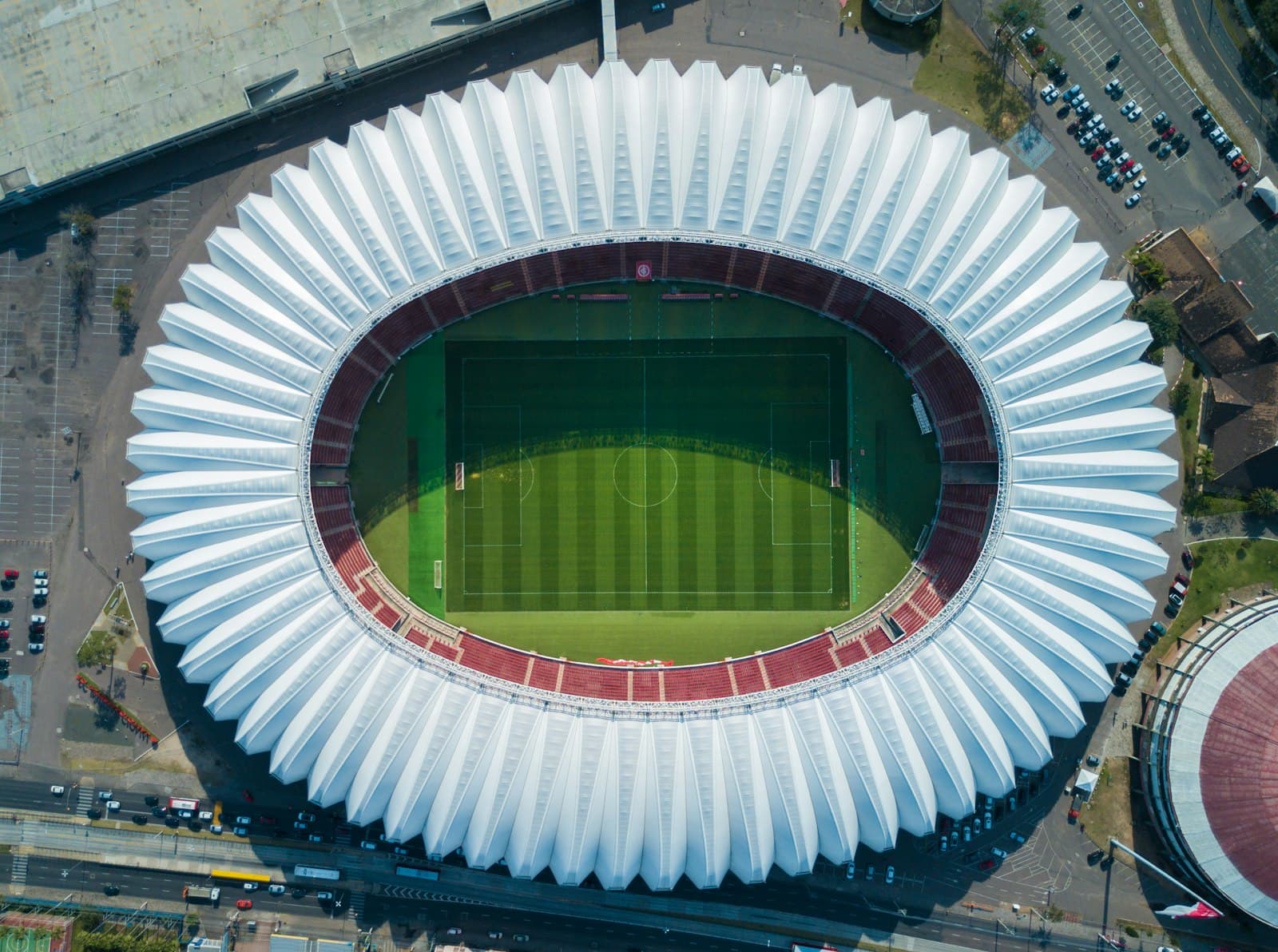 Top-down drone photograph of a stadium